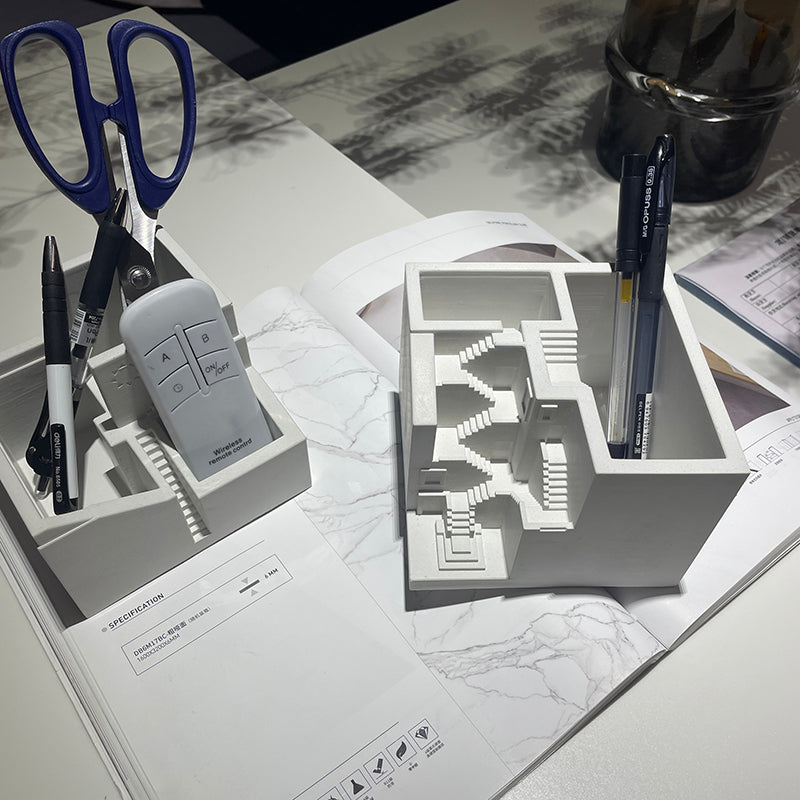 Architectural Concrete Pen Holder – Minimalist Desk Organizer Inspired by Brutalist Design