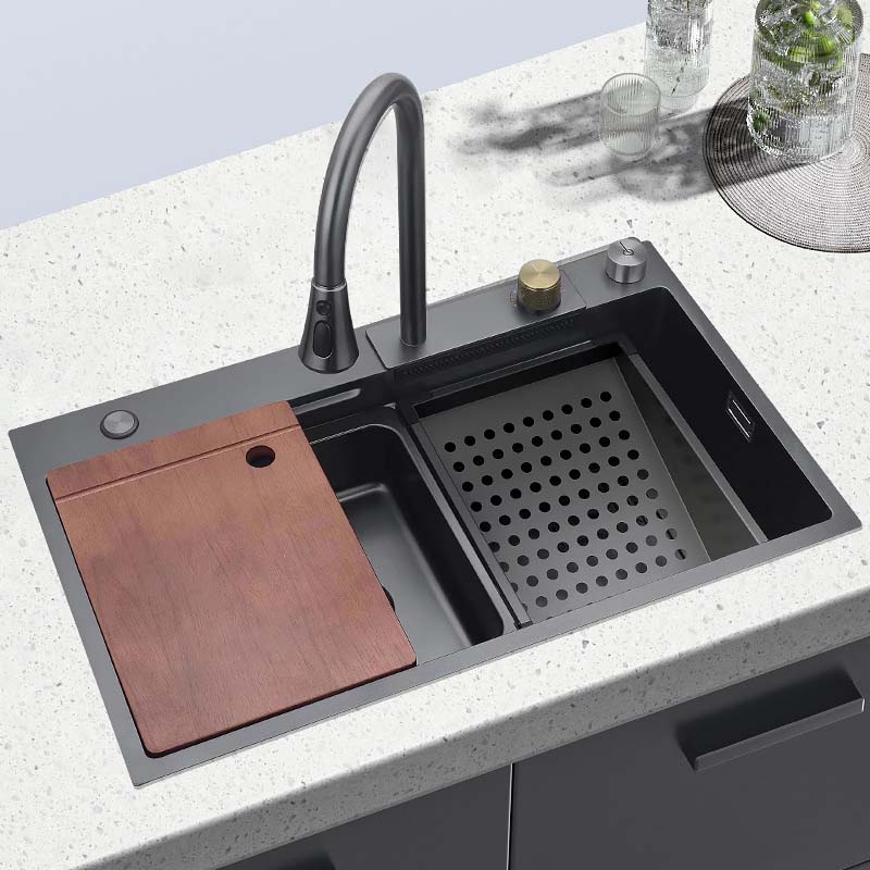 Feibus 29.5" * 18.1" * 8.3" Black Drop-In Waterfall Workstation Sink with Faucet – 13 Gauge Stainless Steel, Single Bowl, Double Ledge Design