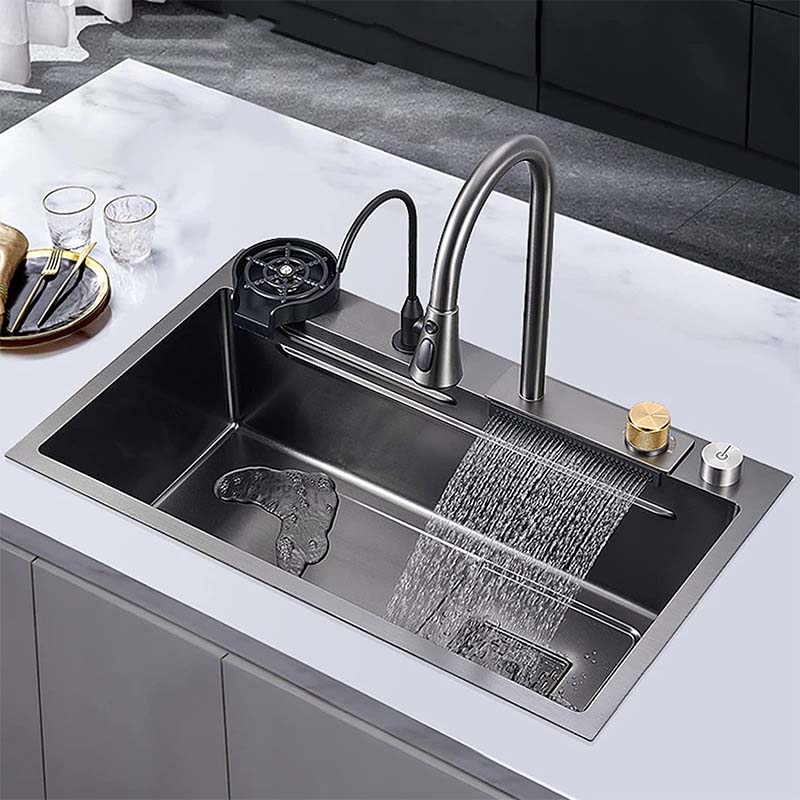 Feibus 29.5" * 18.1" * 8.3" Black Drop-In Waterfall Workstation Sink with Faucet – 13 Gauge Stainless Steel, Single Bowl, Double Ledge Design