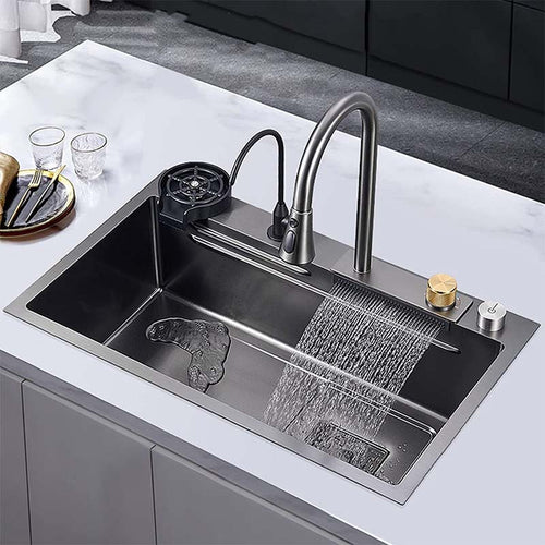 Feibus 29.5" * 18.1" * 8.3" Black Drop-In Waterfall Workstation Sink with Faucet – 13 Gauge Stainless Steel, Single Bowl, Double Ledge Design