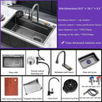 Feibus 29.5" * 18.1" * 8.3" Black Drop-In Waterfall Workstation Sink with Faucet – 13 Gauge Stainless Steel, Single Bowl, Double Ledge Design