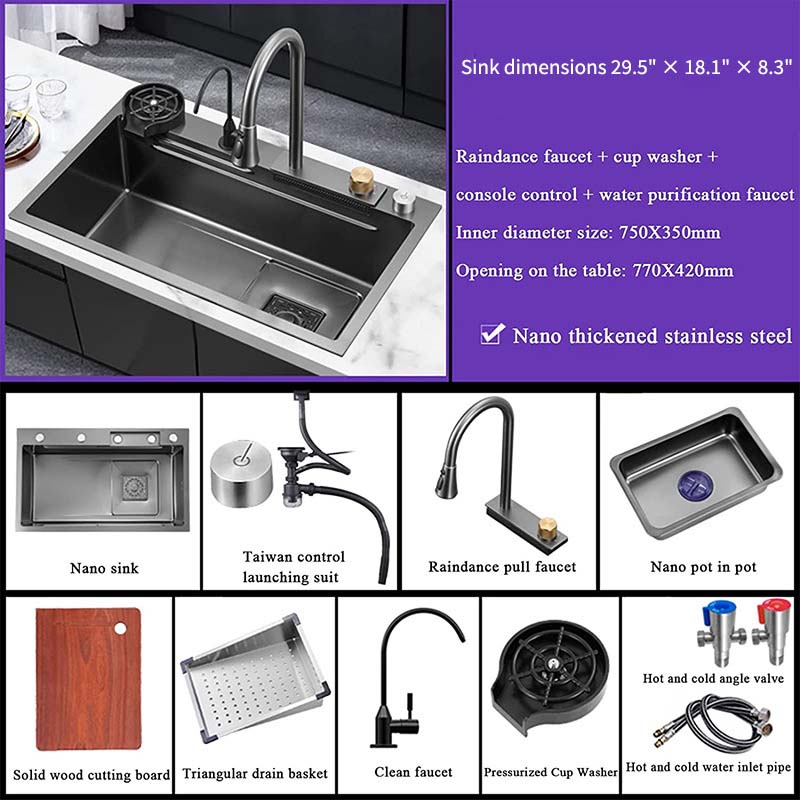 Feibus 29.5" * 18.1" * 8.3" Black Drop-In Waterfall Workstation Sink with Faucet – 13 Gauge Stainless Steel, Single Bowl, Double Ledge Design
