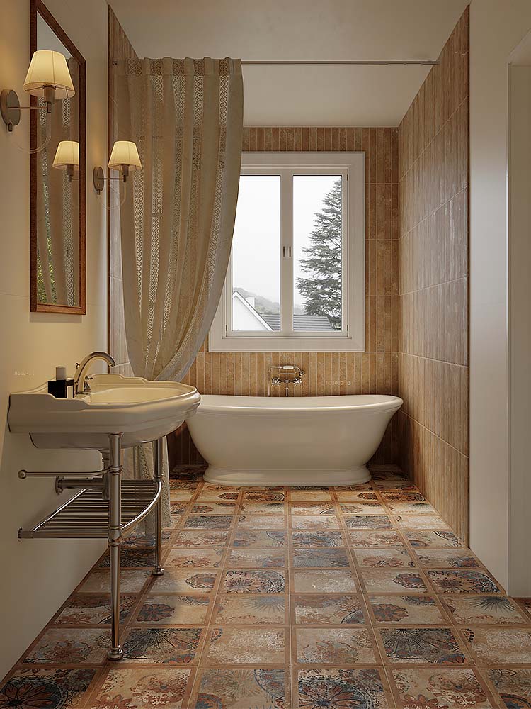 French Country Vintage Brown Patterned Tile – Anti-Slip Ceramic for Bathroom, Café, B&B & Restaurant
