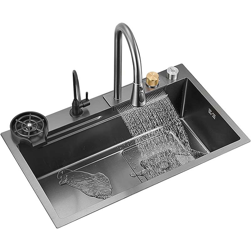 Feibus 29.5" * 18.1" * 8.3" Black Drop-In Waterfall Workstation Sink with Faucet – 13 Gauge Stainless Steel, Single Bowl, Double Ledge Design