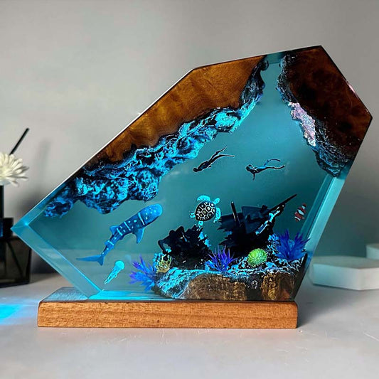 3D Resin Ocean Night Light – Whale, Turtle & Diver Scene, Perfect Coastal or Nautical Home Decor