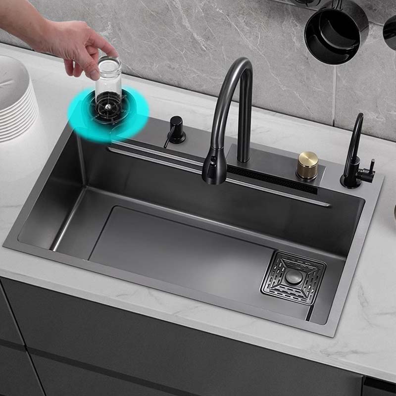 Feibus 29.5" * 18.1" * 8.3" Black Drop-In Waterfall Workstation Sink with Faucet – 13 Gauge Stainless Steel, Single Bowl, Double Ledge Design