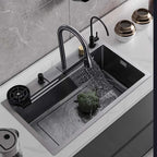 Feibus 29.5" * 18.1" * 8.3" Black Drop-In Waterfall Workstation Sink with Faucet – 13 Gauge Stainless Steel, Single Bowl, Double Ledge Design