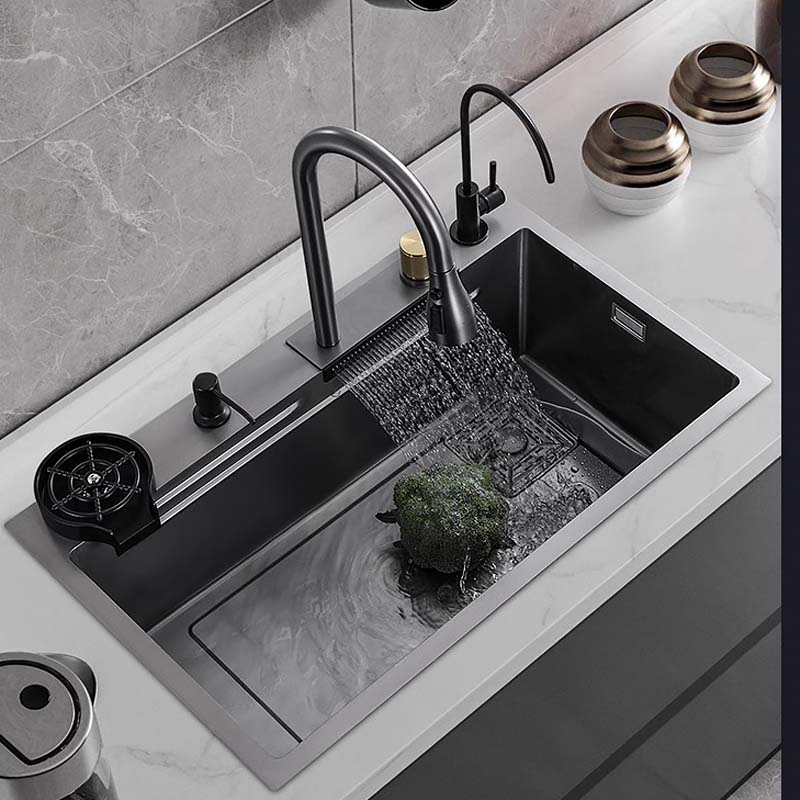 Feibus 29.5" * 18.1" * 8.3" Black Drop-In Waterfall Workstation Sink with Faucet – 13 Gauge Stainless Steel, Single Bowl, Double Ledge Design