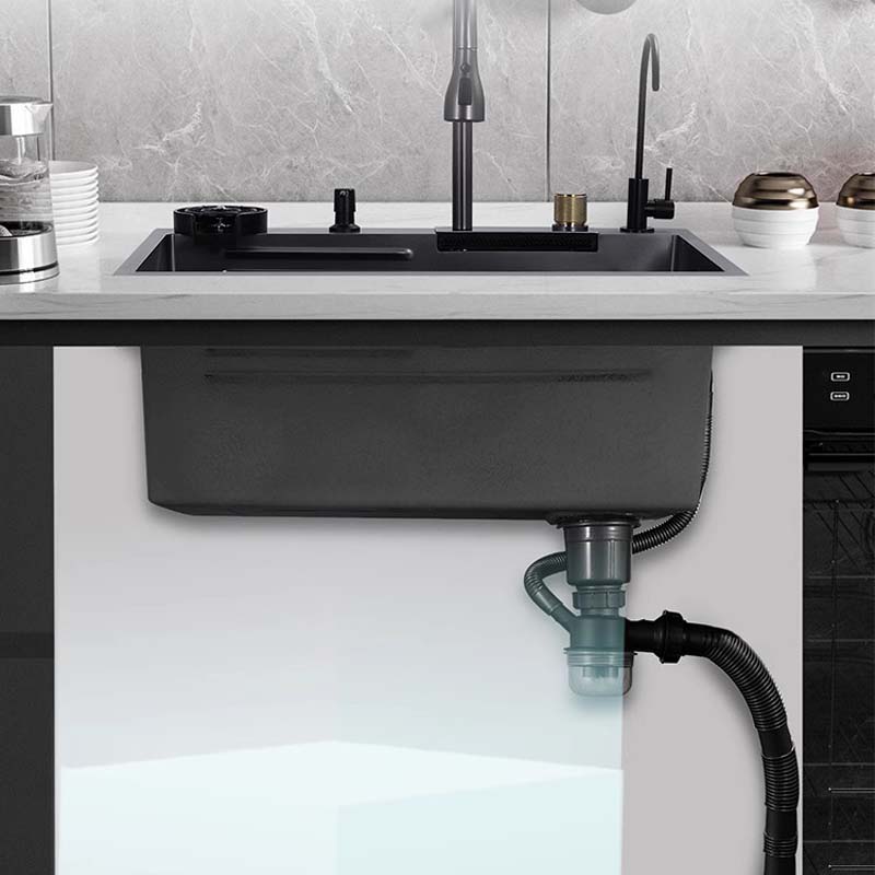 Feibus 29.5" * 18.1" * 8.3" Black Drop-In Waterfall Workstation Sink with Faucet – 13 Gauge Stainless Steel, Single Bowl, Double Ledge Design