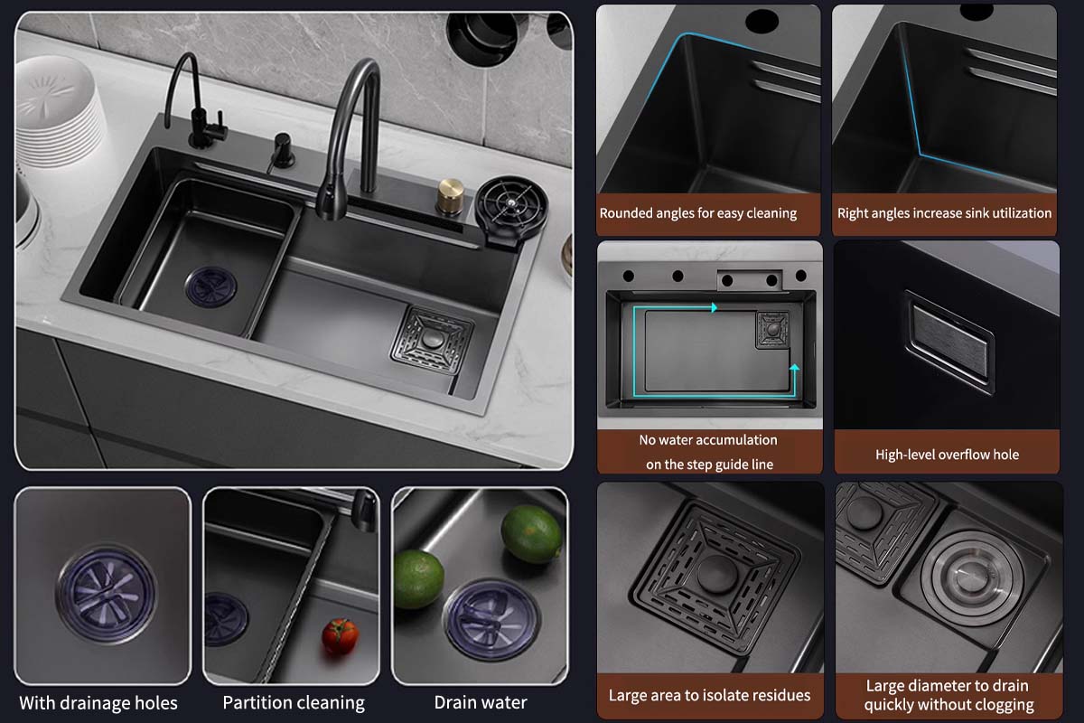 Feibus 29.5" * 18.1" * 8.3" Black Drop-In Waterfall Workstation Sink with Faucet – 13 Gauge Stainless Steel, Single Bowl, Double Ledge Design