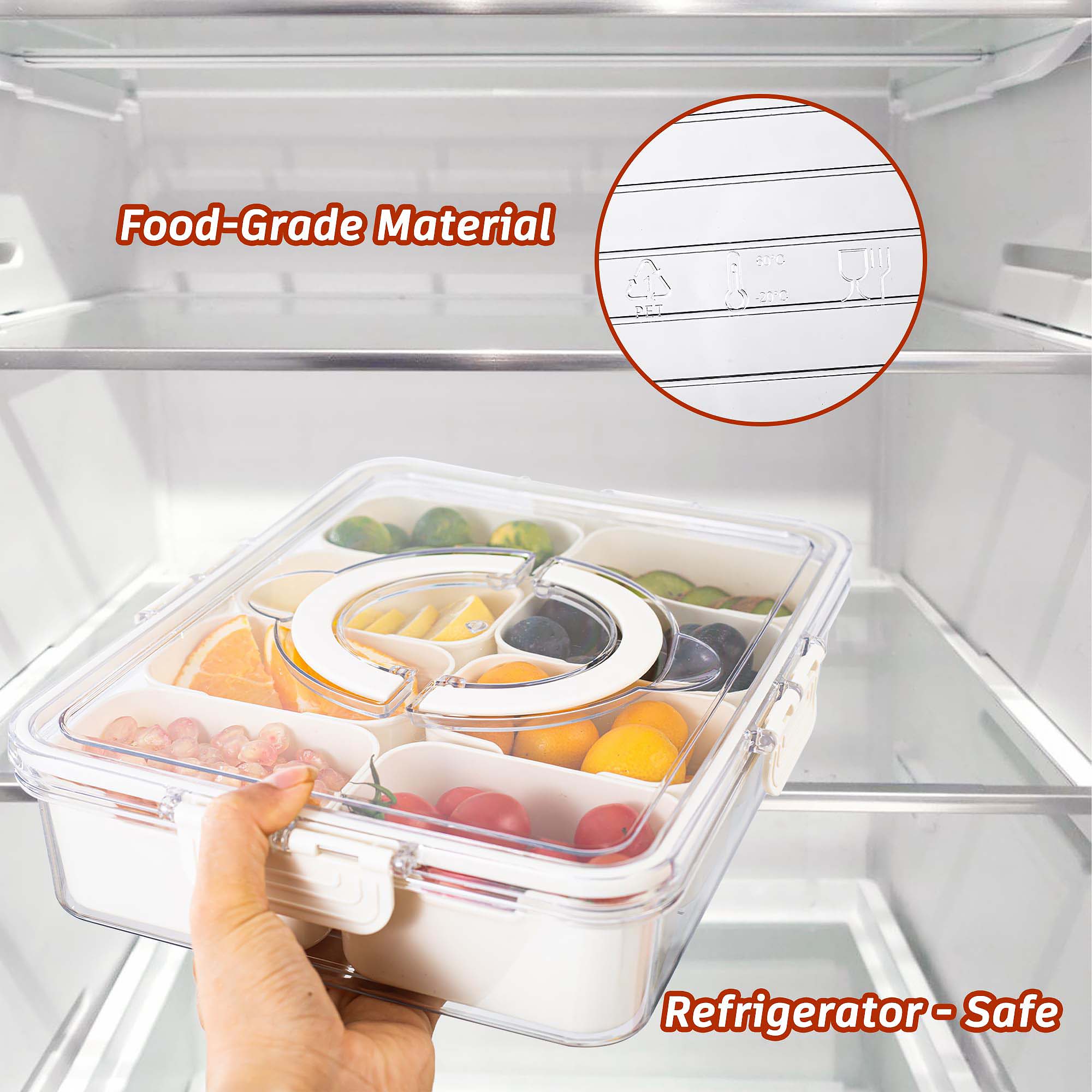 Portable Snack Organizer Box with Lid & Handle – Divided Charcuterie Serving Tray for Candy, Fruit, Nuts, and More – Clear Compartment Container for Parties, Picnics, and Travel