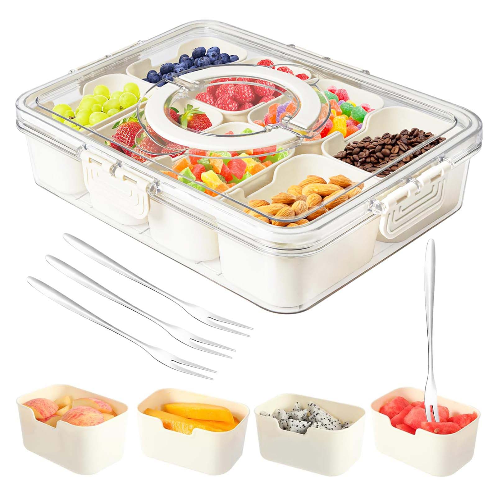 Portable Snack Organizer Box with Lid & Handle – Divided Charcuterie Serving Tray for Candy, Fruit, Nuts, and More – Clear Compartment Container for Parties, Picnics, and Travel
