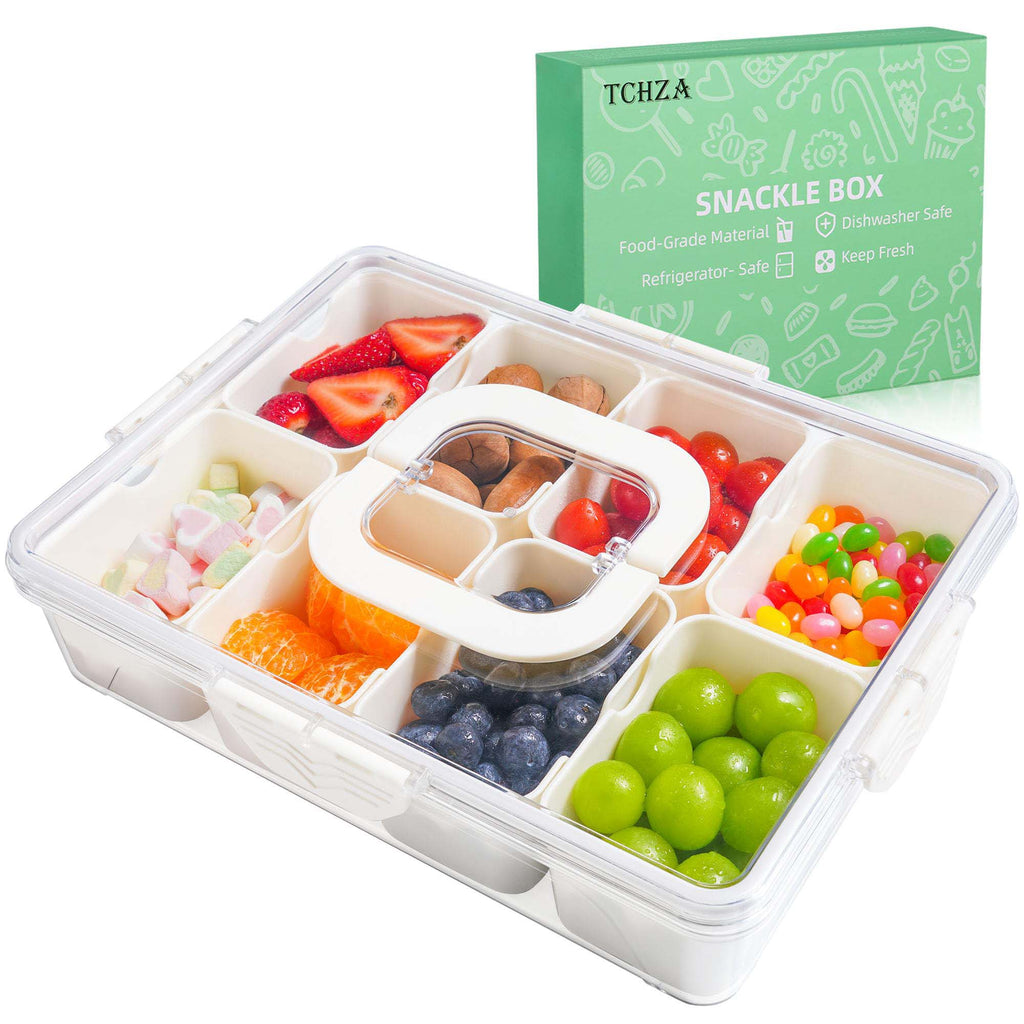 Portable Snack Organizer Box with Lid & Handle – Divided Charcuterie Serving Tray for Candy, Fruit, Nuts, and More – Clear Compartment Container for Parties, Picnics, and Travel