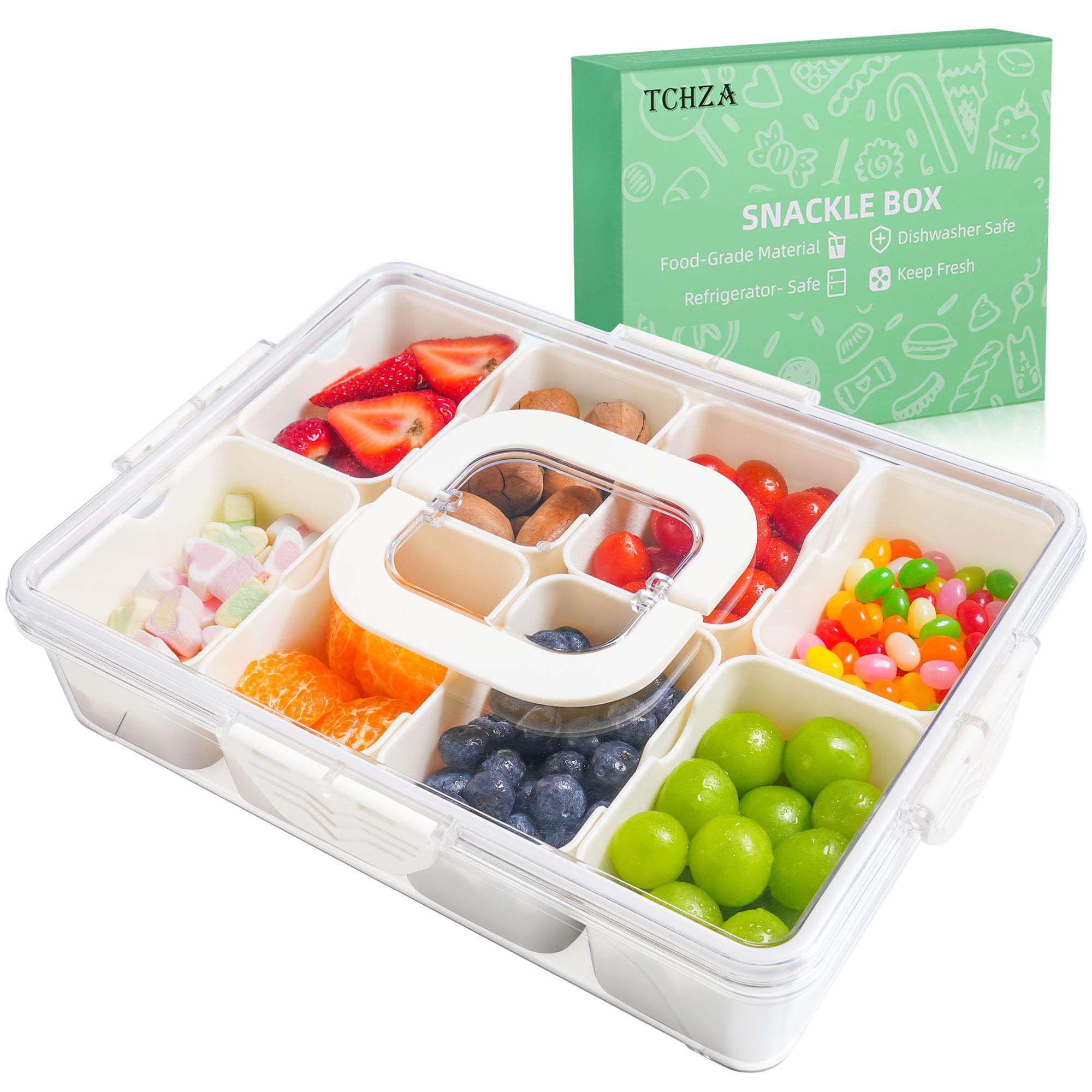 Portable Snack Organizer Box with Lid & Handle – Divided Charcuterie Serving Tray for Candy, Fruit, Nuts, and More – Clear Compartment Container for Parties, Picnics, and Travel