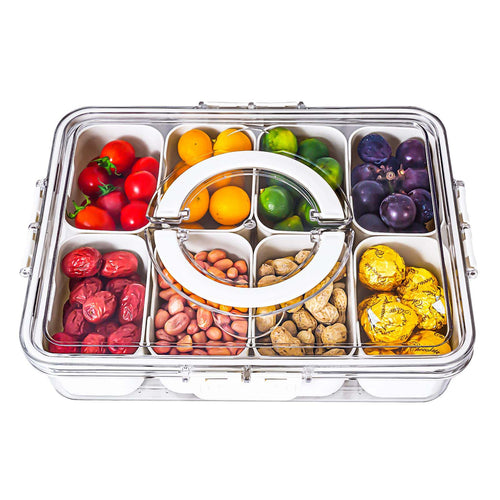 Portable Snack Organizer Box with Lid & Handle – Divided Charcuterie Serving Tray for Candy, Fruit, Nuts, and More – Clear Compartment Container for Parties, Picnics, and Travel