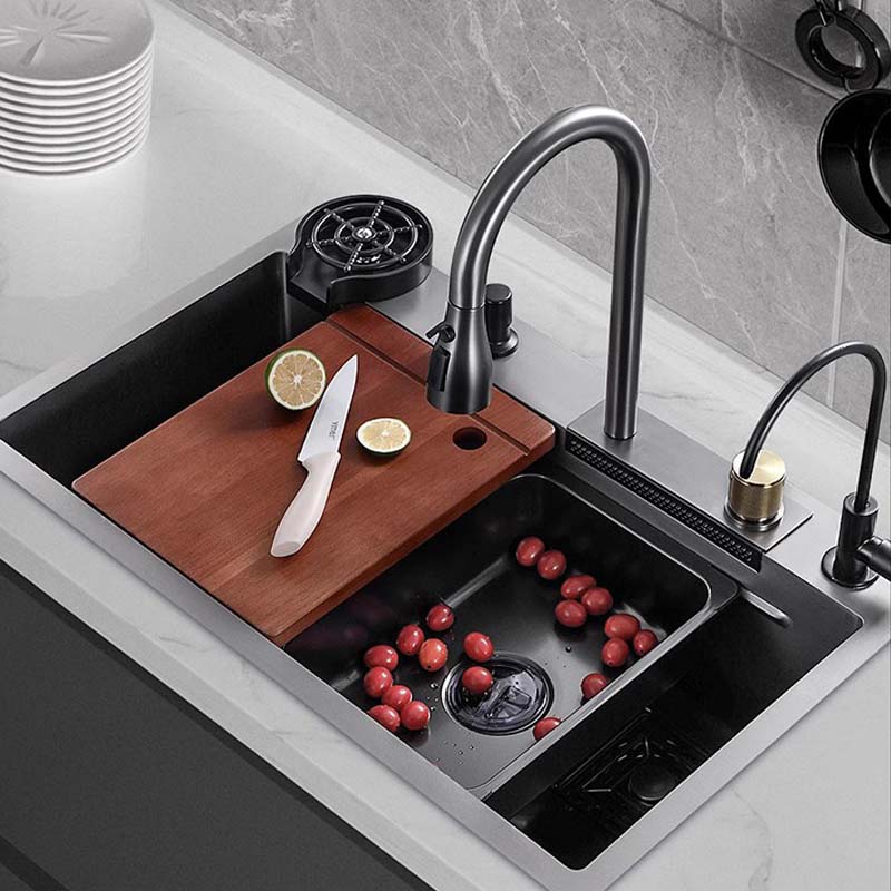 Feibus 29.5" * 18.1" * 8.3" Black Drop-In Waterfall Workstation Sink with Faucet – 13 Gauge Stainless Steel, Single Bowl, Double Ledge Design
