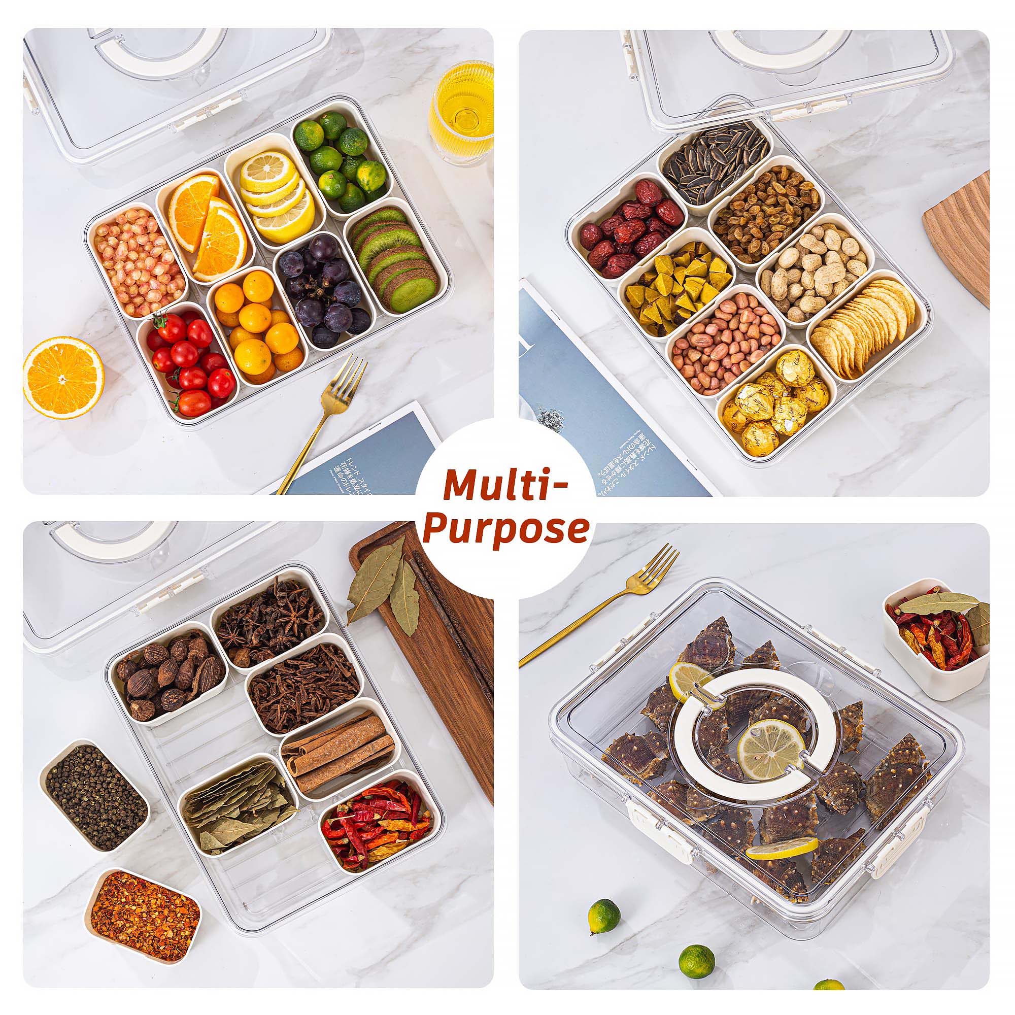 Portable Snack Organizer Box with Lid & Handle – Divided Charcuterie Serving Tray for Candy, Fruit, Nuts, and More – Clear Compartment Container for Parties, Picnics, and Travel